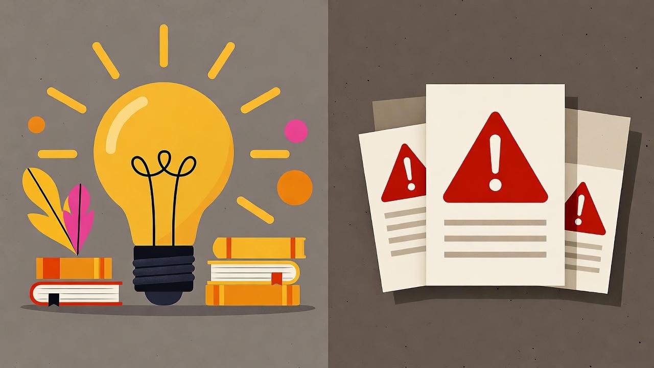 Concept showing innovation and creativity through a glowing light bulb with books on one side, contrasted with documents featuring red warning signs on the other side, symbolizing the balance between new ideas, learning, and awareness of potential risks or errors.